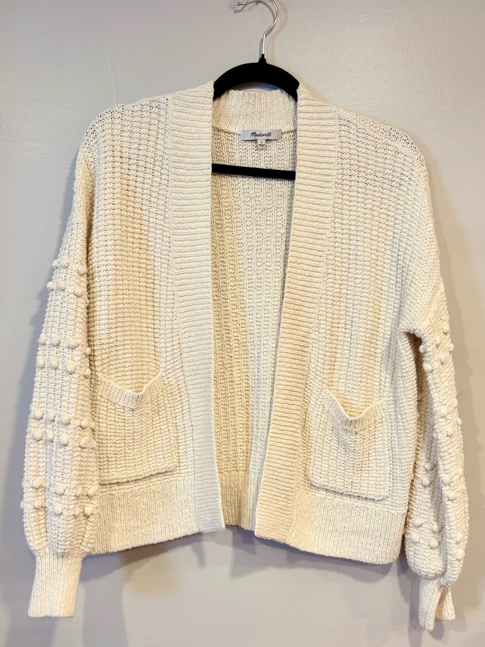 Madewell Bobble Sleeve Cardigan Sweater Ivory Cream Open Front Knit Womens Small